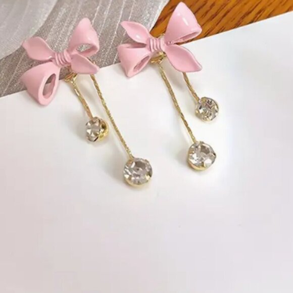 Jewelry - NWT Gold and Pink Bow Shape Dangle Earrings Rhinestone Drop women jewelry gift